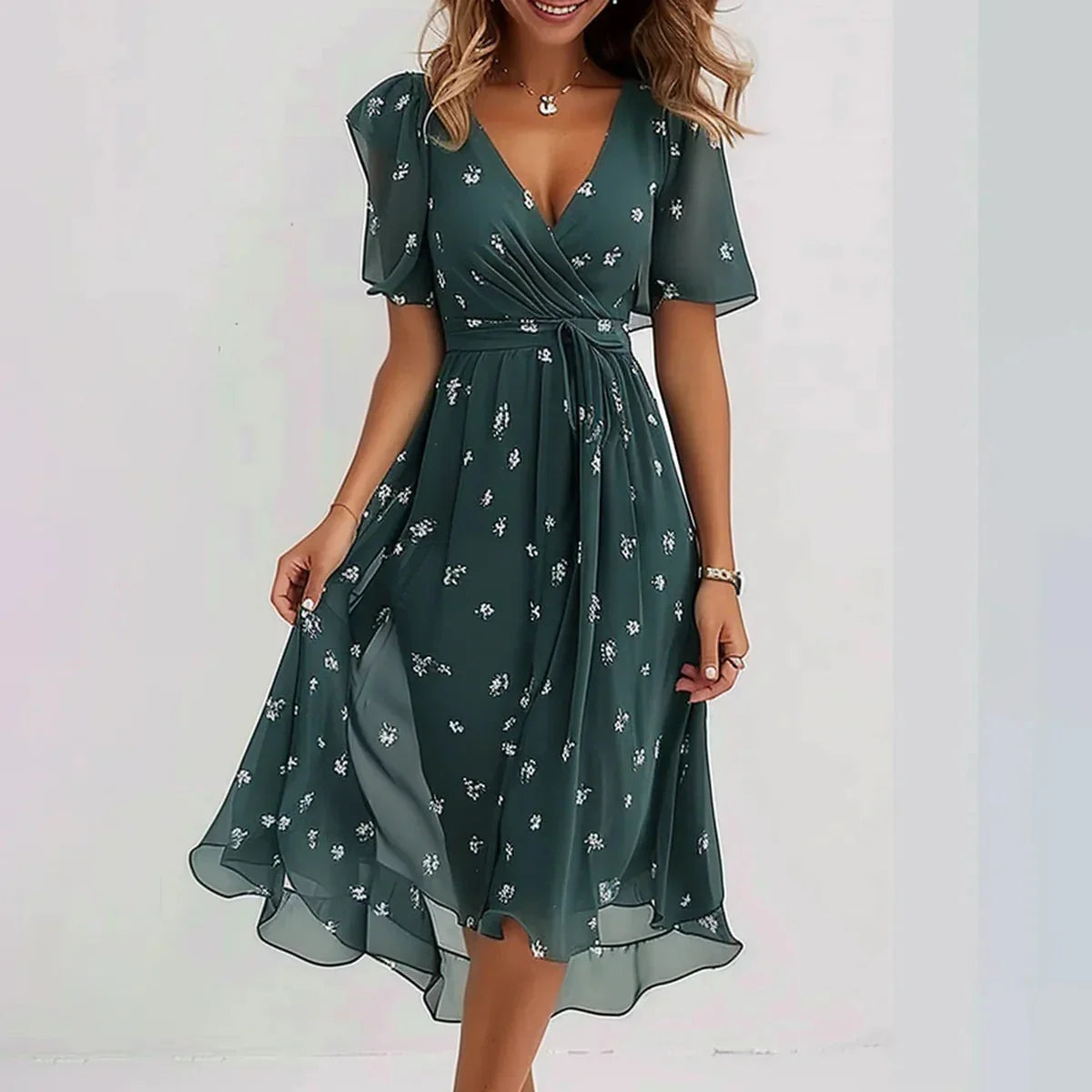 Saril | Vestido de Cuello en V con Mangas