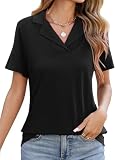 heekpek Blusas Mujer Verano Polo Shirts Manga Corta Cuello en V Elegante Camisa de Trabajo Clásica con Solapa Camisetas Casual Básica Moda T Shirts Color Sólido Tunic Tops(Negro,XL)