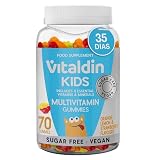 VITALDIN Multivitaminas Niños Gominolas Sin Azúcar - 70uds | Gummies Veganas Sin Gluten con Vitaminas A, C, D, E, B6, B12 y Zinc; Apoyan Inmunidad y Energía; 1 Mes; Frutas.