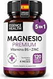 Magnesio Premium Complex 5 en 1 | Bisglicinato y Citrato | 120 Cápsulas | Con Zinc y Vitamina B6, apoyo muscular, estrés y energía, salud ósea, vegano, sin gluten ni lactosa, 4 meses, hecho en España