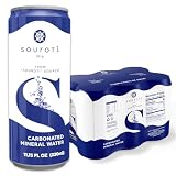 SOUROTI Agua mineral carbonatada con gas sin sabor, bebida saludable rica en minerales y oligoelementos, paquete de 6, latas de 330 ml, importada de Grecia