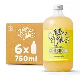 Komvida Kombucha Pack 6x750ml - Bebida Ecológica de Té fermentado, Probióticos Naturales, Sin Azúcares Añadidos - Sabor Limón con jengibre