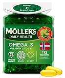 Moller’s ® | Cápsulas de omega 3 | Aceite de pescado | Suplemento dietético nórdico con omega 3 y EPA, DHA, vitaminas A, D y E | Marca con 166 años de historia | Daily Health | 112 cápsulas