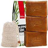 Natura Germania® Set de 3 jabones originales de Alepo 80% aceite de oliva / 20% aceite de laurel, cada uno de aproximadamente 200 gr (alrededor de 600 gr en total) + bolsa de jabón de sisal