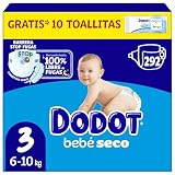 Dodot Pañales Bebé-Seco, Talla 3 (6-10 kg), 292 Pañales + 1 Pack de 10 Toallitas Regalo de Aqua Plastic Free, Una Noche Hasta Un 100% Libre De Fugas, Pack Mensual