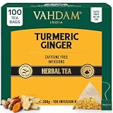 VAHDAM Tisana Cúrcuma Y Jengibre | 100 Bolsitas Piramidales | Tisana de cúrcuma y jengibre sin cafeína en bolsitas piramidales, caliente o como té helado