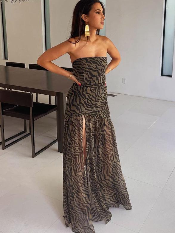 Zilka | Vestido Largo sin Tirantes con Estampado de Leopardo