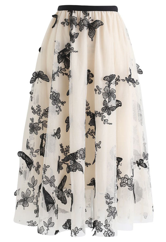 Lilibeth | Falda Midi Doble Capa con Mariposas 3D