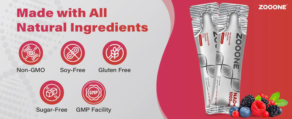 ZOOONE NR1000 - Mezcla de bebida sabor bayas de NAD+ para el apoyo al envejecimiento de la piel, energía y enfoque - Paquete de 30