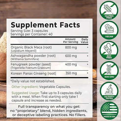Suplemento 4 en 1 | Raíz de Maca Negra, Ashwagandha, Fenogreco y Ginseng Panax