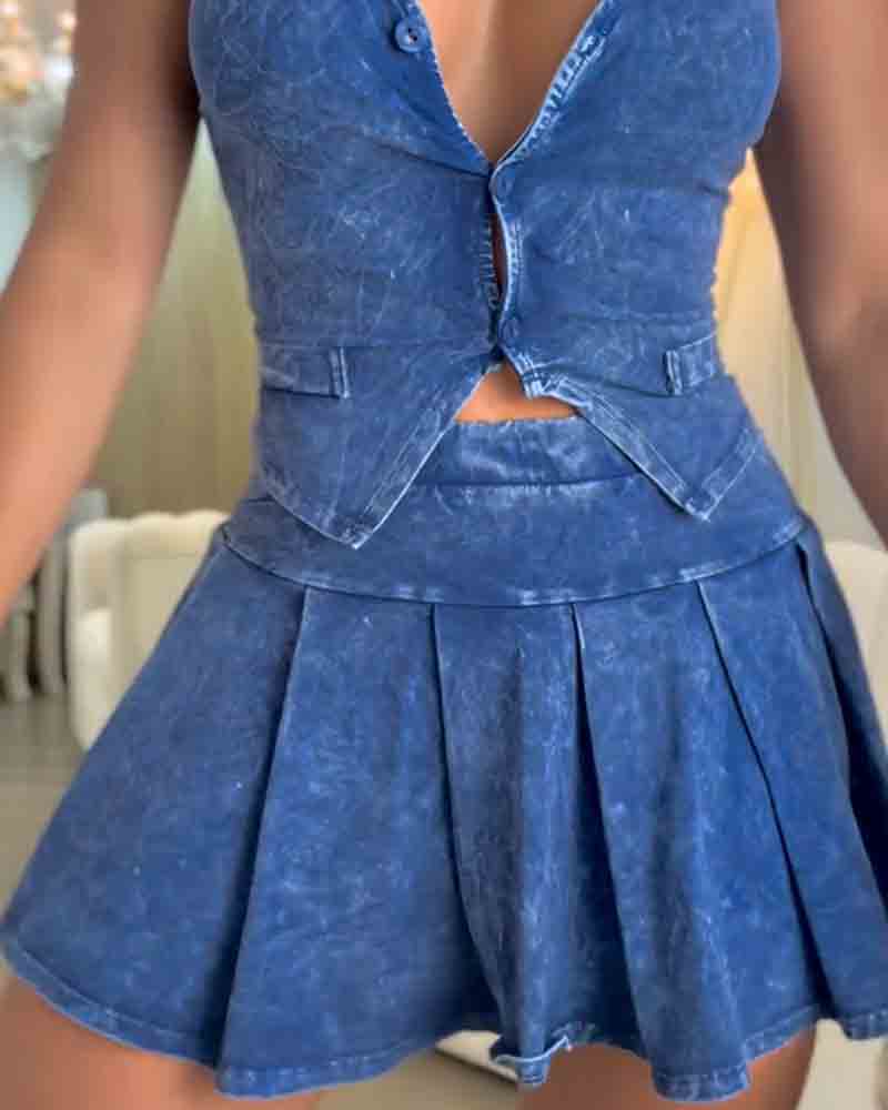 Cali | Conjunto de mini falda en denim lavado