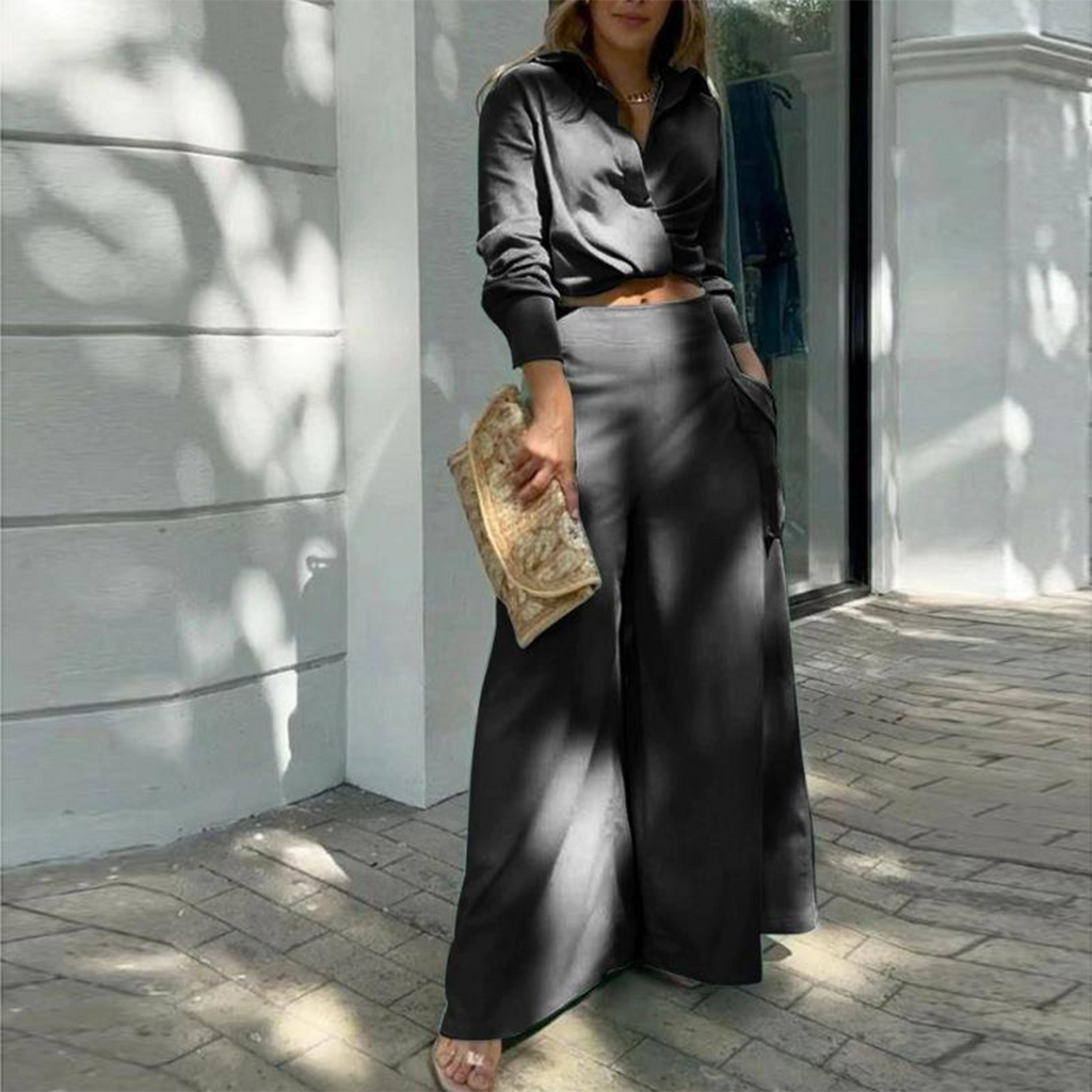 Sora | Conjunto Elegante con Pantalones Anchos y Camisa de Manga Larga