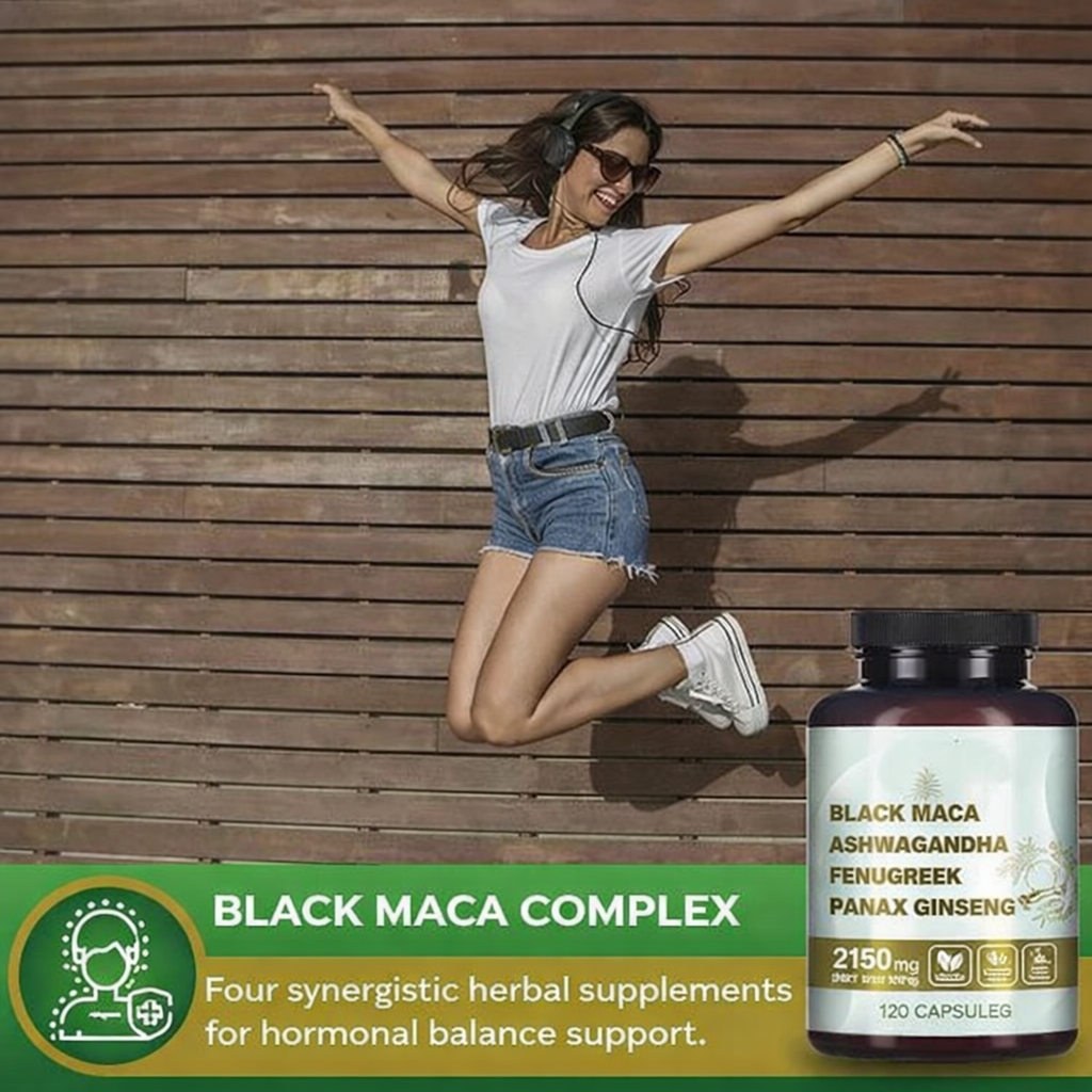 Suplemento 4 en 1 | Raíz de Maca Negra, Ashwagandha, Fenogreco y Ginseng Panax