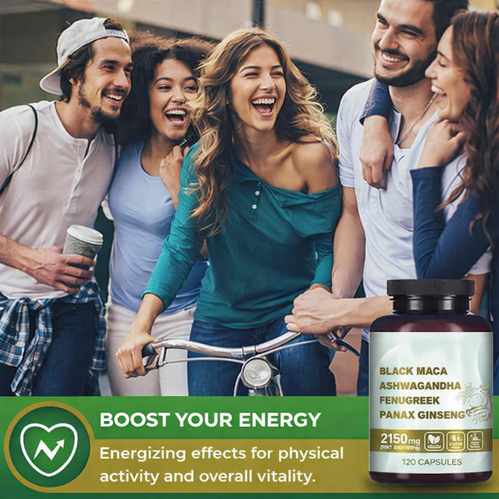 Suplemento 4 en 1 | Raíz de Maca Negra, Ashwagandha, Fenogreco y Ginseng Panax