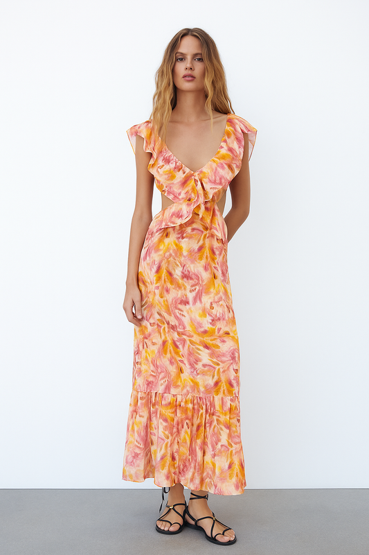 Yacqueline | Vestido Largo con Volantes en las Mangas