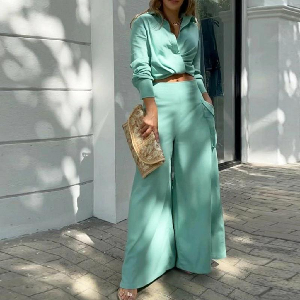 Sora | Conjunto Elegante con Pantalones Anchos y Camisa de Manga Larga