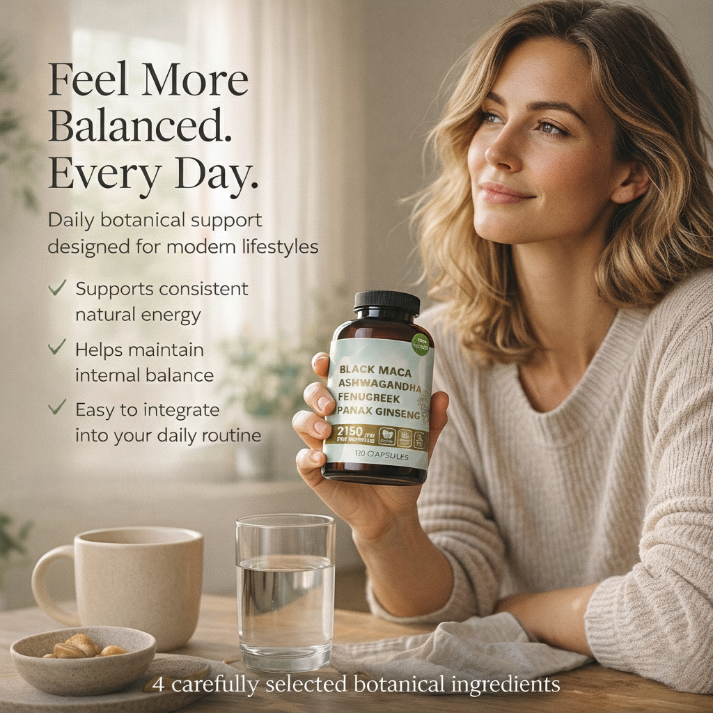 Suplemento 4 en 1 | Raíz de Maca Negra, Ashwagandha, Fenogreco y Ginseng Panax