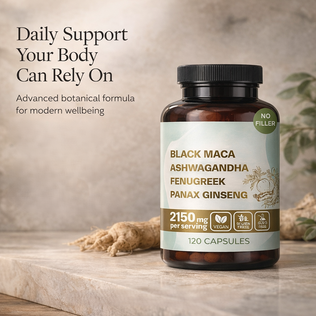 Suplemento 4 en 1 | Raíz de Maca Negra, Ashwagandha, Fenogreco y Ginseng Panax