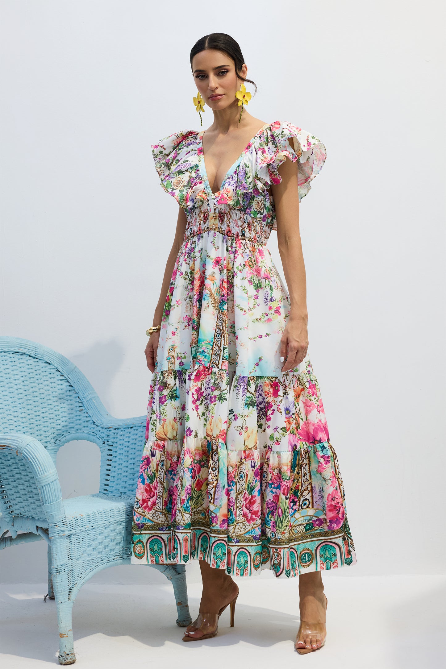 Whitney | Vestido con Cuello en V y Volantes en las Mangas