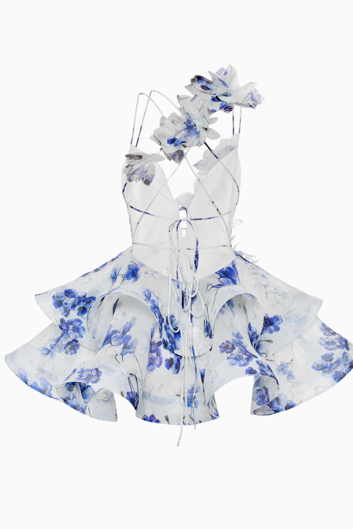 Zeliah | Minivestido de gasa con volantes y flores 3D