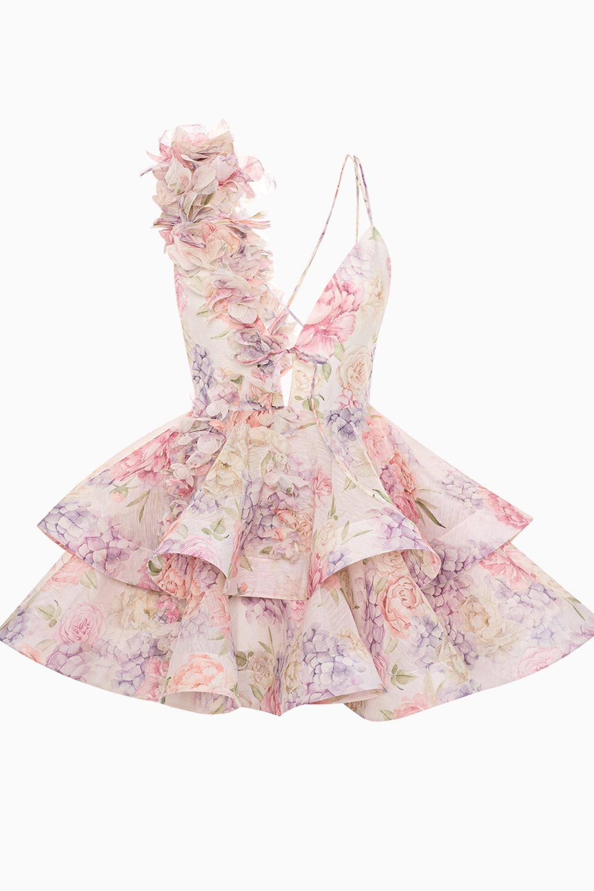 Zeliah | Minivestido de gasa con volantes y flores 3D