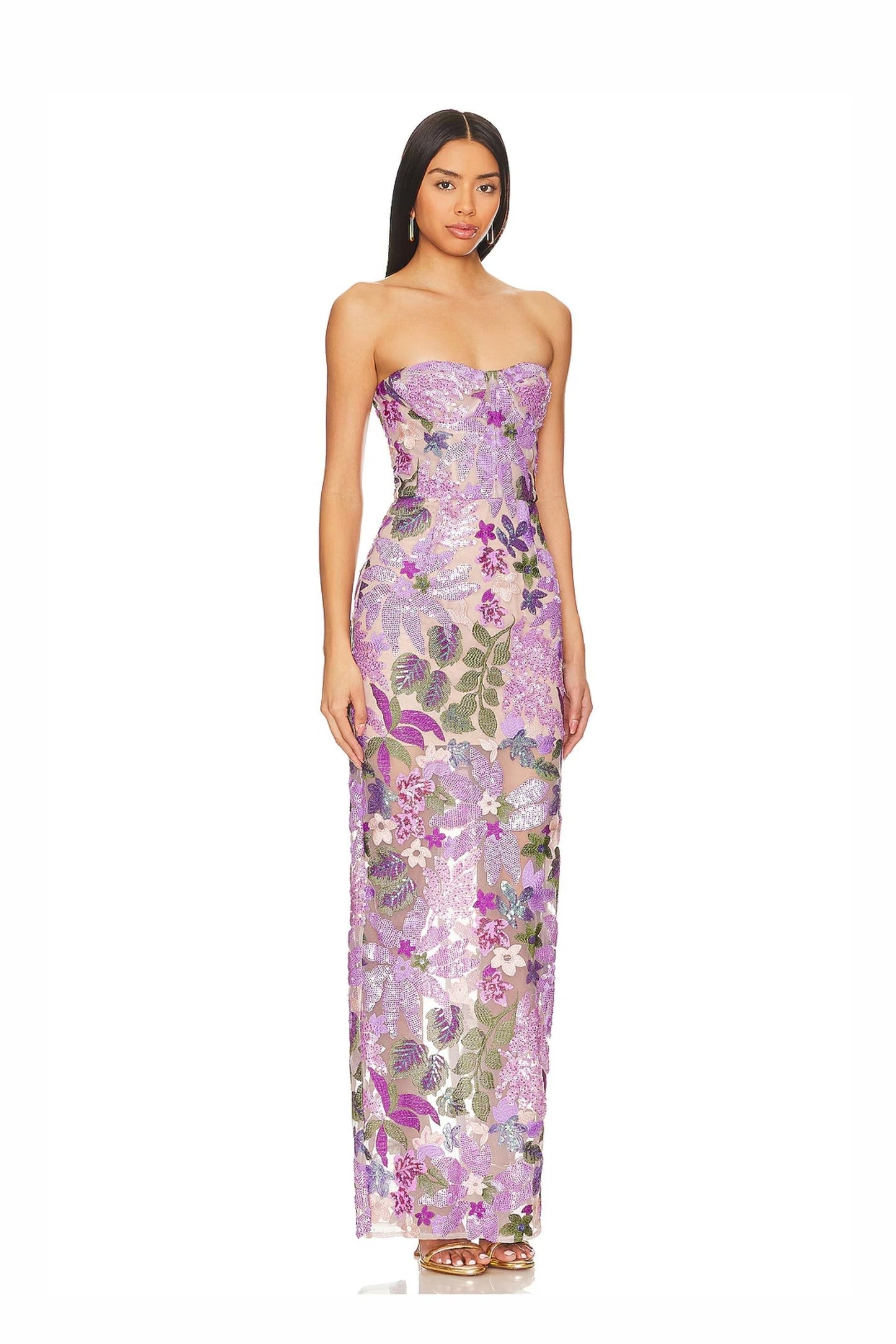 Wionna | Vestido Largo con Hombros Descubiertos y Bordado de Lentejuelas