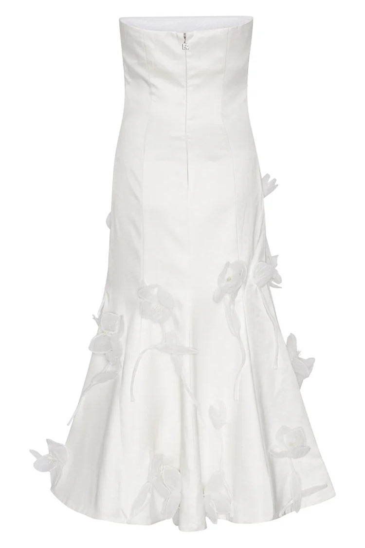 Wildine | Vestido Blanco Sin Tirantes con Flores 3D