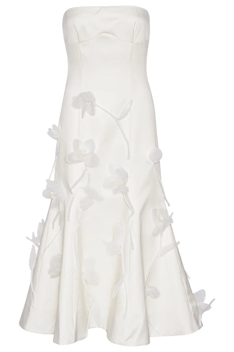 Wildine | Vestido Blanco Sin Tirantes con Flores 3D
