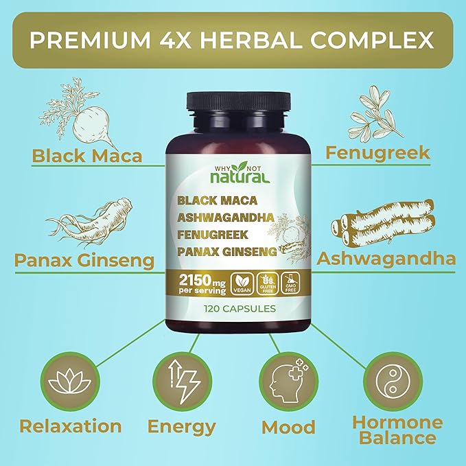 Suplemento 4 en 1 con Raíz de Maca Negra, Ashwagandha, Fenogreco y Ginseng Panax