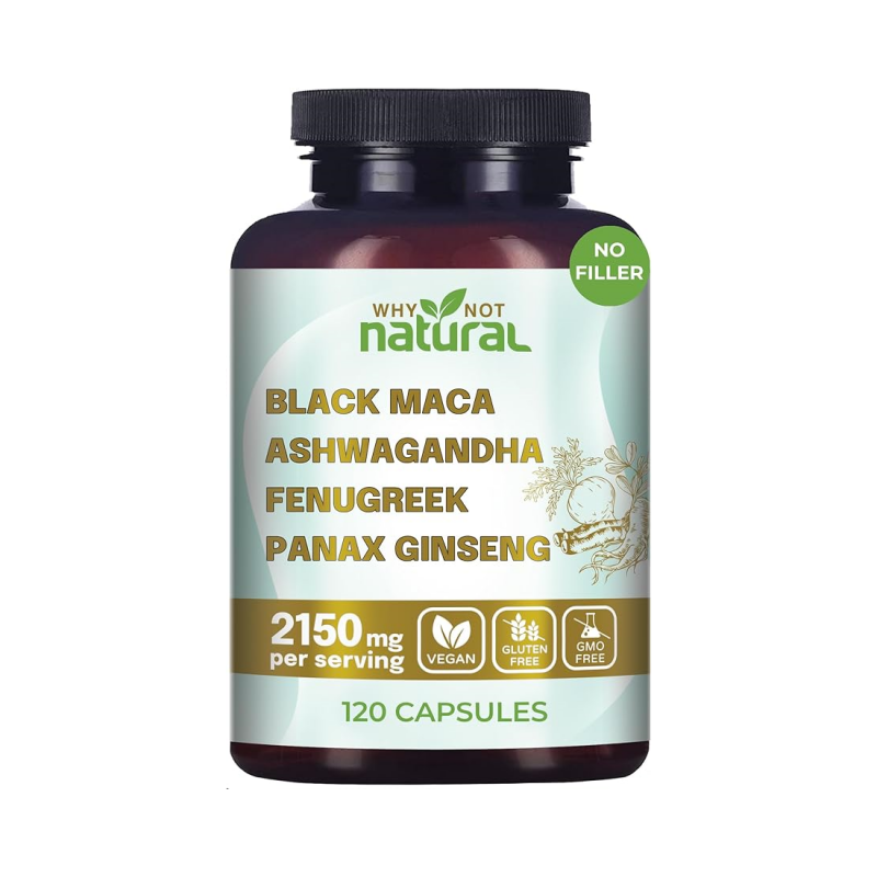 Suplemento 4 en 1 con Raíz de Maca Negra, Ashwagandha, Fenogreco y Ginseng Panax
