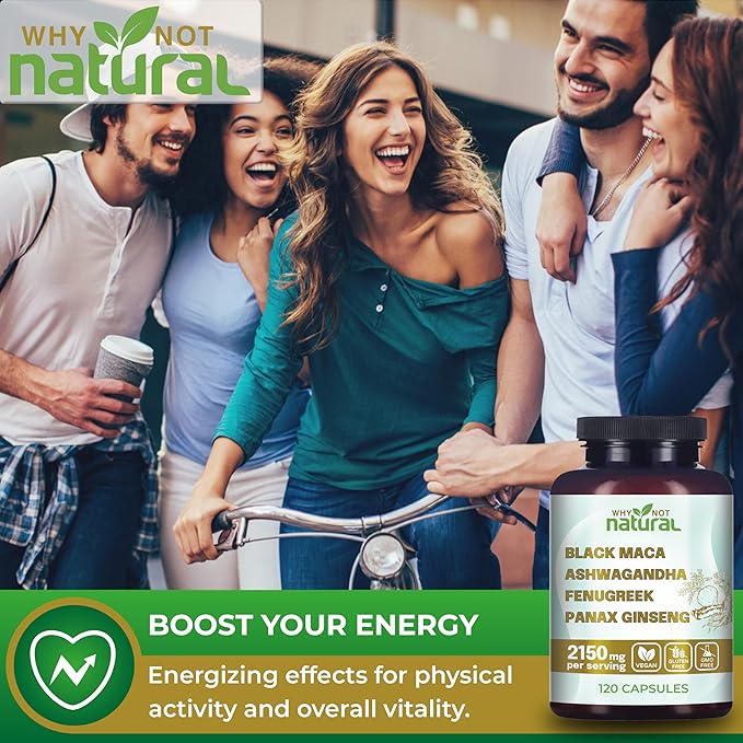 Suplemento 4 en 1 con Raíz de Maca Negra, Ashwagandha, Fenogreco y Ginseng Panax