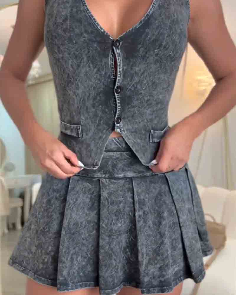 Cali | Conjunto de mini falda en denim lavado